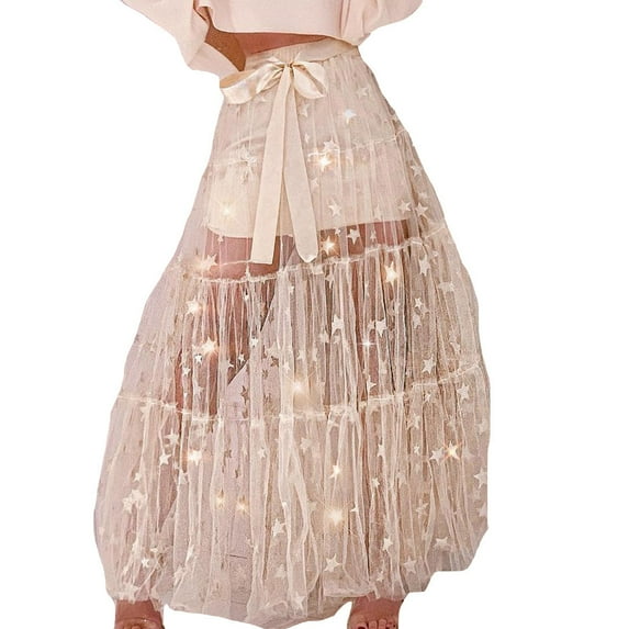 Vedolay Skirt for Womens 2023 Summer Floral Midi Skirt Elastic Waist Casual Tiered Boho Skirt,Beige S