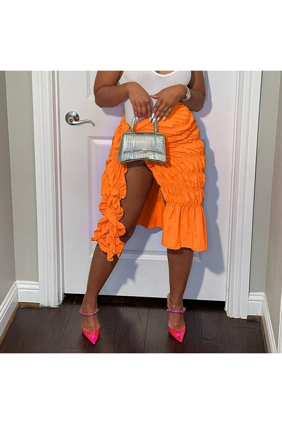 Skorts Skirt For Women Women's Long Skirts Boho Floral Elastic High Waist Asymmetrical Hem Midi Skirt,Orange S