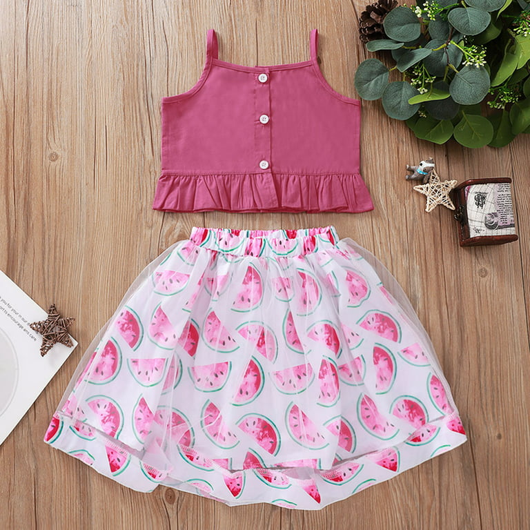 Vedolay Skorts Skirts For Girl Girl's 2 Piece Outfits Butterfly Print Twist  Front Short Sleeve Tee Top and Cami Dress Skirt Set,Hot Pink 4-5 Years 