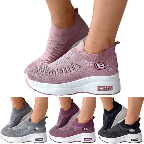 Vedolay Sneakers Ladies Women's Sneakers Platform Round Toe Fashion Slip-on Comfort Walking Casual Shoes,Black 7