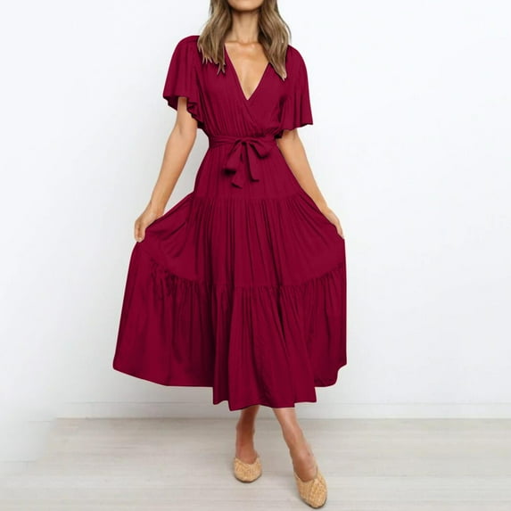 Vedolay Spring Dresses For Women 2023 Women's Summer Dress Square Neck Short Sleeves Crossover Waist Casual Party Mini Dress,A-Red L