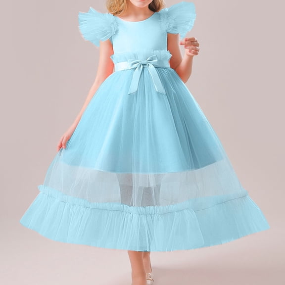 Vedolay Spring Dresses Little Girls' Sequin Mesh Flower Ball Gown Party Dress Tulle Prom,Sky Blue 12-13Years
