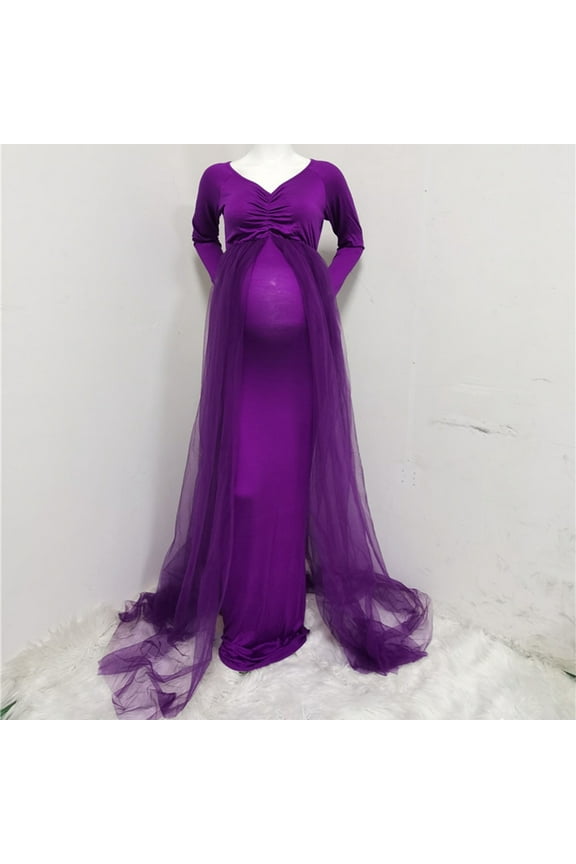 Spring Maternity Dress Women Ruched Floral Lace Maternity Photography Prop Maxi Dress Fancy Wedding Pregnancy Gown for Baby Shower Photoshoot,Purple M
