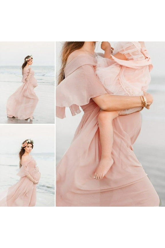 Spring Maternity Dresses Maternity Midi Dress - Fitted Stretch Short Sleeves Flare Ruffle,Pink S