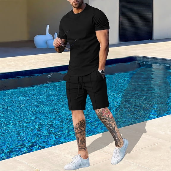 Vedolay Summer Casual Short Sets Men's 2 Piece Outfits Tracksuits Short Sleeve and Shorts Sets,Black L