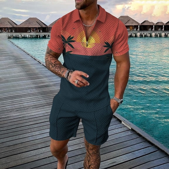 Vedolay Summer Casual Short Sets Men's Shirt and Shorts Set 2 Piece Summer Fashion Set,Navy M