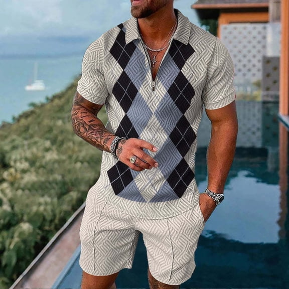 Vedolay Summer Casual Short Sets Men's Shorts Set 2 Piece Set Short Sleeves and Sports Shorts Set,Beige M