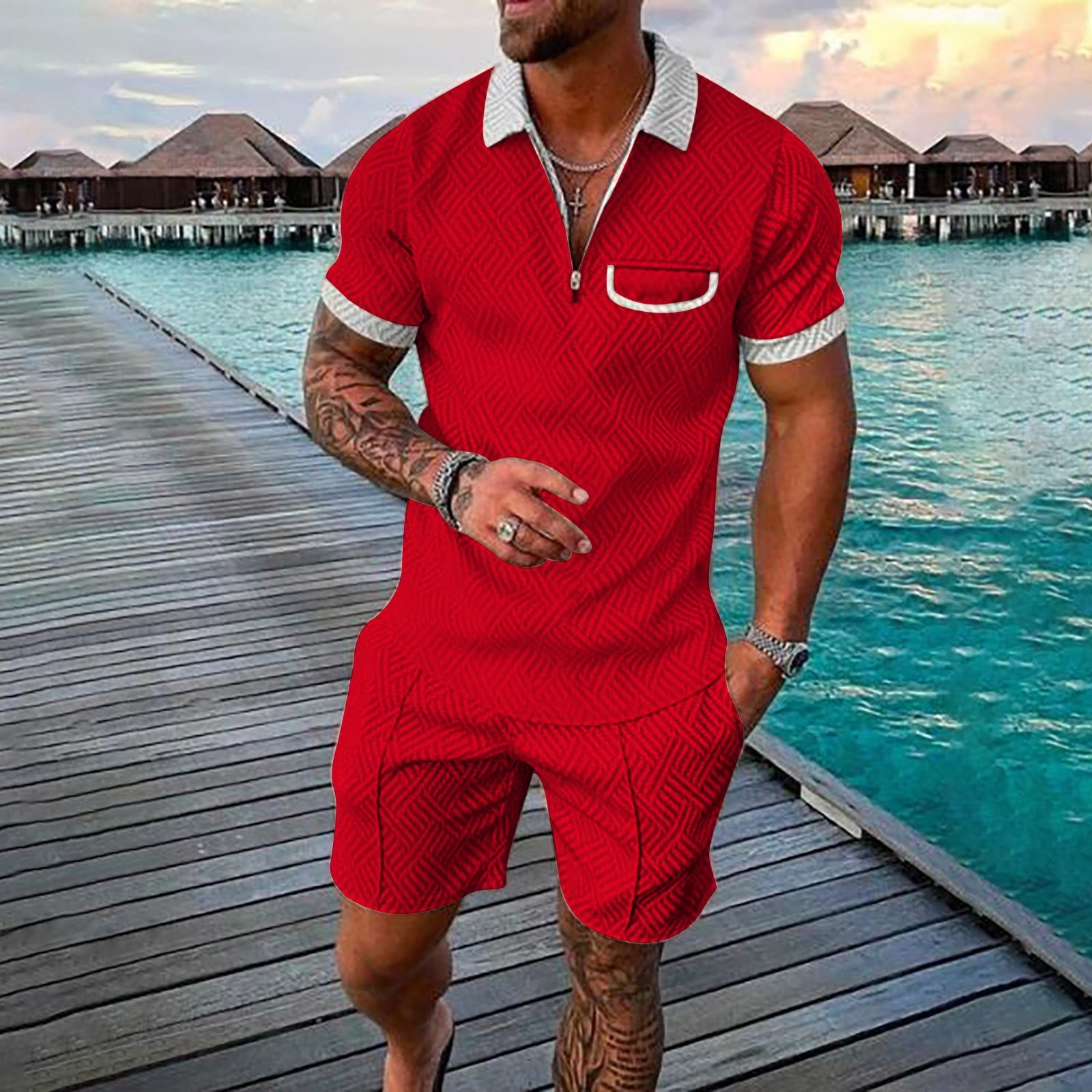 Vedolay Summer Casual Short Sets Men s Summer Polo Shirt Shorts Set Zip Polo Two Piece Casual Sports Outfits Red M Walmart