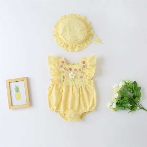 Vedolay Summer Girl's Bodysuits Toddler Baby Girl's Heart Print Square Neck Puff Short Sleeve Shirred Jumpsuit Pants,Yellow 3-6 Months