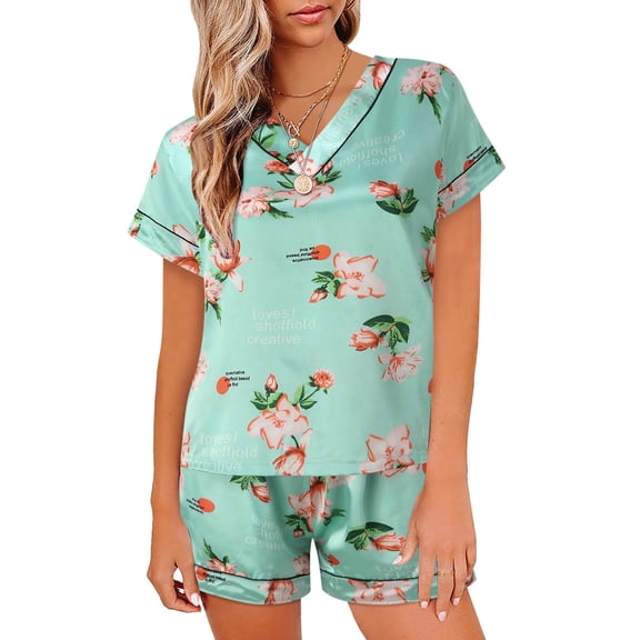Vedolay Summer Pajamas for Women Women's Silk Pajamas Short Sleeve Satin Tops And Shorts Set 2 Piece Outfits Casual Pjs Set Sleepwear,C L