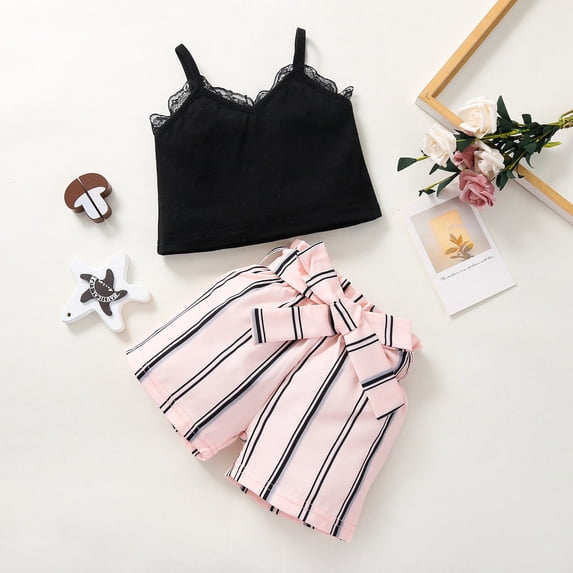 Vedolay Summer Short Sets Kids Girls Shorts Sets Colorful Striped Print Tops Button Shorts Outfits,Black 18-24 Months