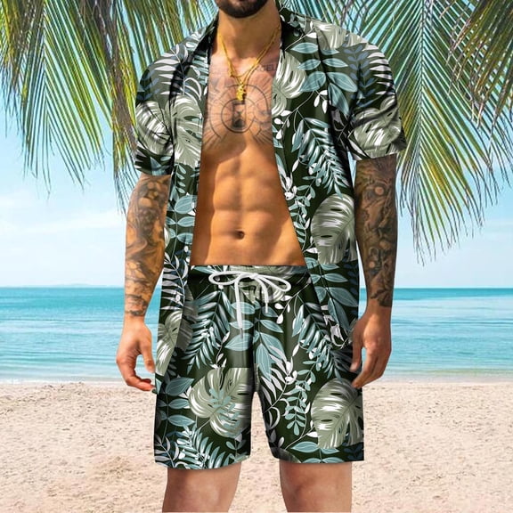 Vedolay Summer Short Sets Men 2 Piece Outfits Men's 2 Piece Outfits Striped Short Sleeve Shirt and Drawstring Shorts Set,Green L