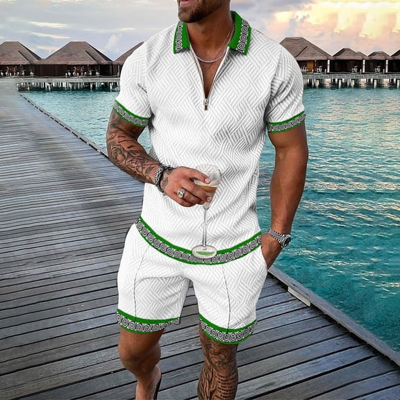 Vedolay Summer Short Sets Men 2 Piece Outfits Men's Summer 2 Piece Outfits Printed Shirts and Sports Shorts Sets,White 5XL