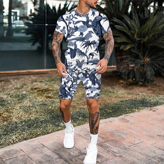 Vedolay Summer Short Sets Men 2 Piece Outfits Summer 2 Piece Shirt and Shorts Set Printed Sports Hawaii Beach Style Two Piece Set,Sky Blue 6XL