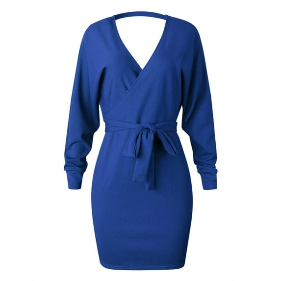 Vedolay Sweater Dress Women V Neck Long Sleeve Sweater Dress Knit Mini Pullover Fashion Dresses,Blue XL
