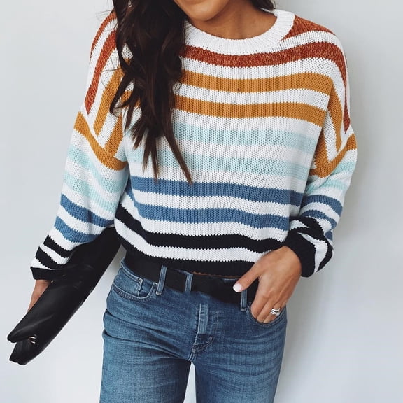 Vedolay Sweater Women's Cropped Striped Sweaters Oversized Long Sleeve Crew Neck Crop Tops,Blue One Size