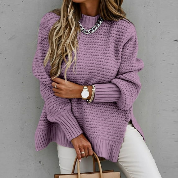 Vedolay Sweater Womens Crew Neck Sweater 2023 Long Sleeve Solid Color Casual Knitted Pullover Tops,Purple XL