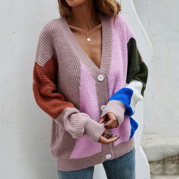 Vedolay Sweaters Womens Fall Knitted V-Neck Collared Pullover Long Sleeve Winter Sweater,Pink L