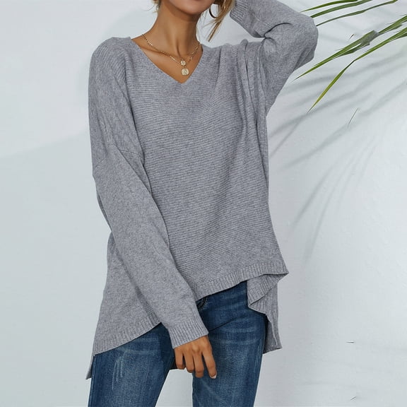 Vedolay Sweaters for Women Fall Winter Casual Puff Sleeve Crew Neck Loose Soft Pullover Sweater,Gray M