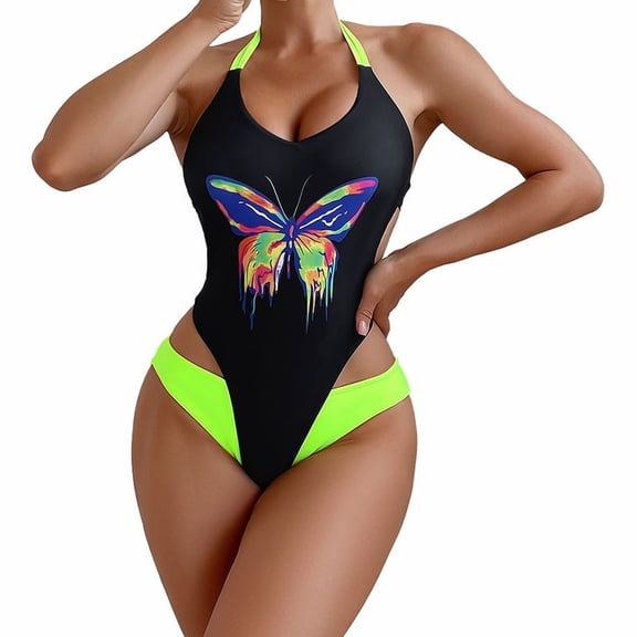 Vedolay Swimsuit For Women Women's One Piece Swimsuit Scoop Neck Double Straps Geo-Print Swimwear Bathing Suits,Black S