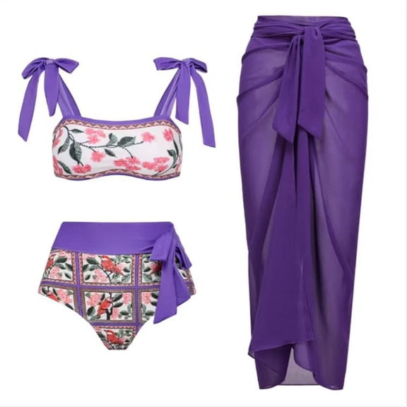 Vedolay Swimsuit Women Plus Size Women Two Piece Scoop Neck Bikini Crop Top High Cut Swimsuit Sporty High Waisted Bathing Suit with Bottoms,Purple M