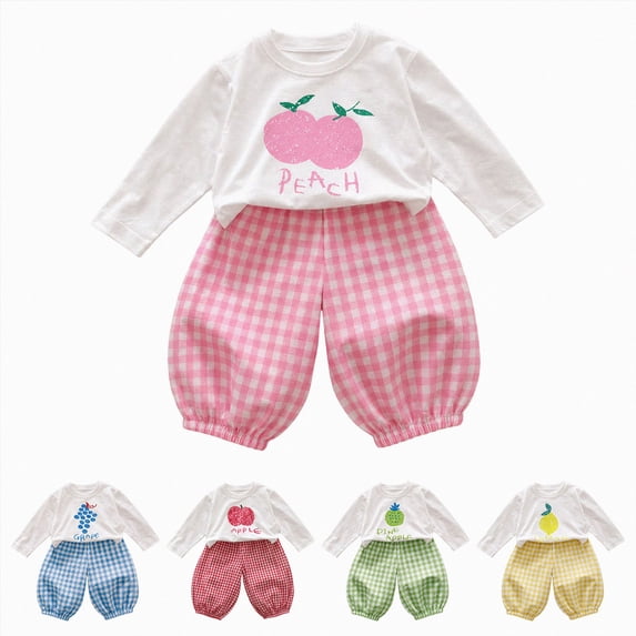 Vedolay Toddler Baby Girl Fall Winter Pajamas Set 4-5 Years Long Sleeve Fruit Printed Top Plaid Pant Set 2PC Sweet Clothes Daily & Home Wear
