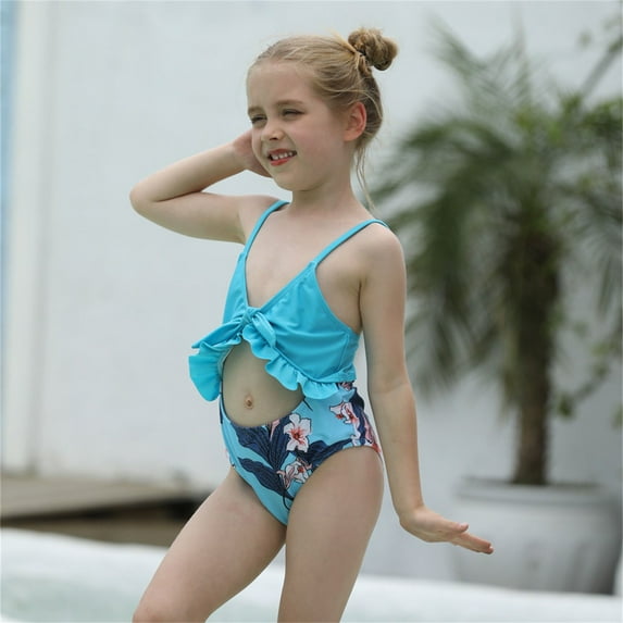 Vedolay Toddler Girl Swimsuit Girls One Piece Swimsuits Halter Ruffled Bathing Suit for Kids Hawaiian Swimwear Leopard Swim Dres,Blue 5-6 Years