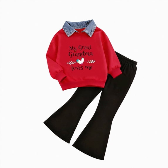 Vedolay Toddler Little Girls 2PC Outfit Fall Winter Long Sleeve Denim Collar Sweatshirt Flared Pant Casual Clothing Set (F,6-7 Years)