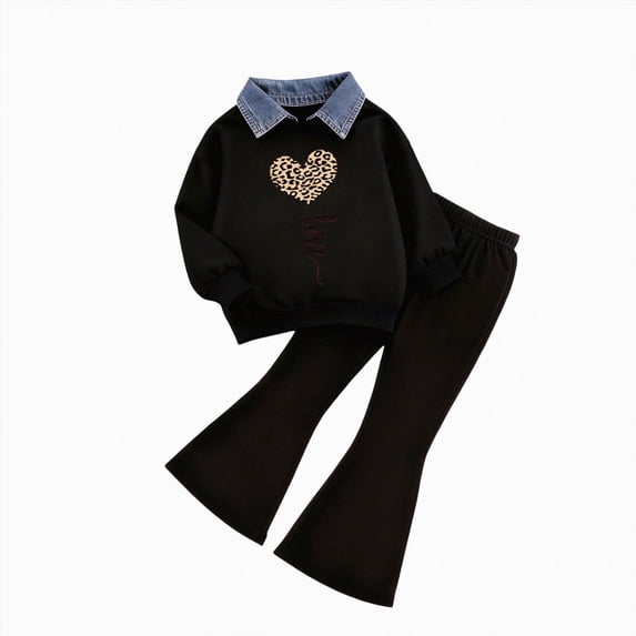 Vedolay Toddler Little Girls 2PC Outfit Fall Winter Long Sleeve Denim Collar Sweatshirt Flared Pant Casual Clothing Set (G,6-7 Years)