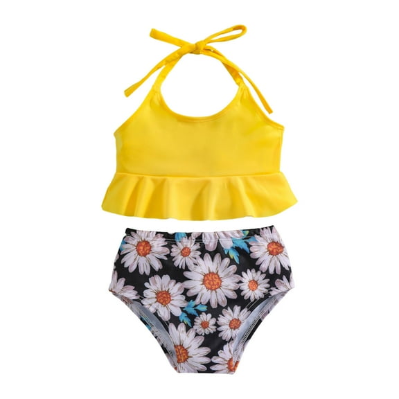 Vedolay Toddler Summer Girls Flower Daisy Flower Prints Two Piece Swimwear Swimsuit Bikini Bathing Suit Girls Size 12(Yellow,2-3 Years)