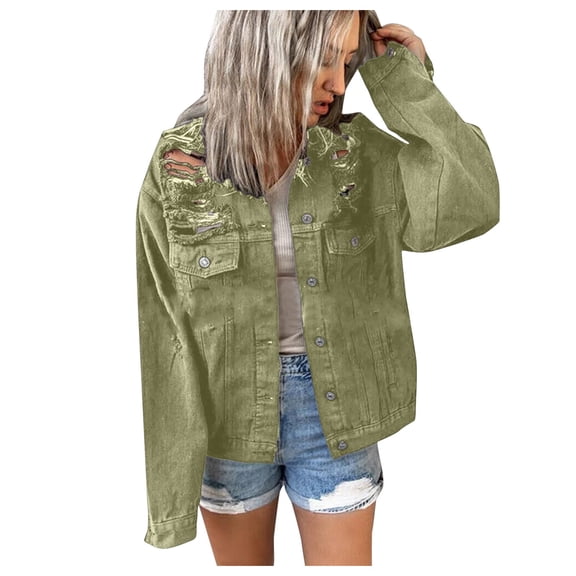 Vedolay Tops for Women Casual Womens Cropped Denim Jacket Button Down Long Sleeve Fitted Jean Coat,Green M