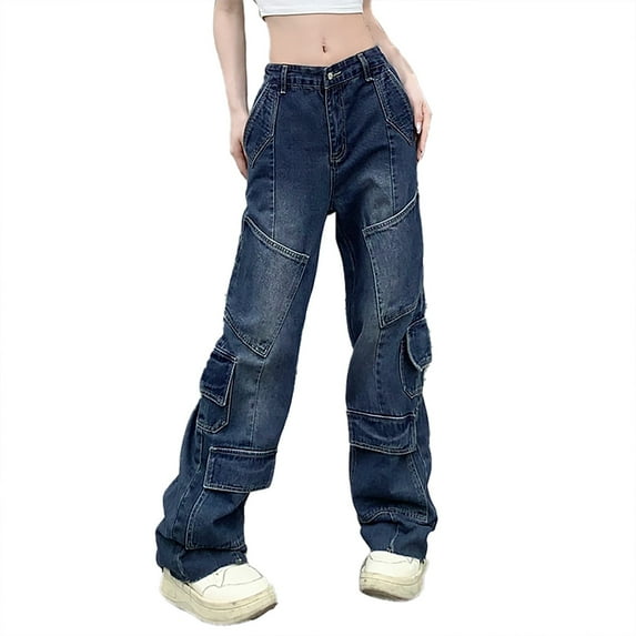 Vedolay Trousers Plus Size Women's Baggy Jeans High Waisted Straight Leg Streetwear Vintage Pants,Blue L