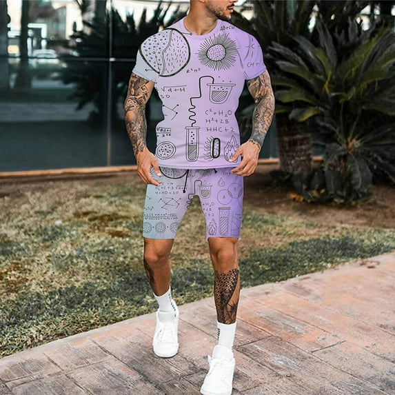 Vedolay Two Piece Set For Men Hawaiian Outfits for Men Summer Short Sleeve Muscle Tee Shirts and Sport Shorts Set,Navy 5XL