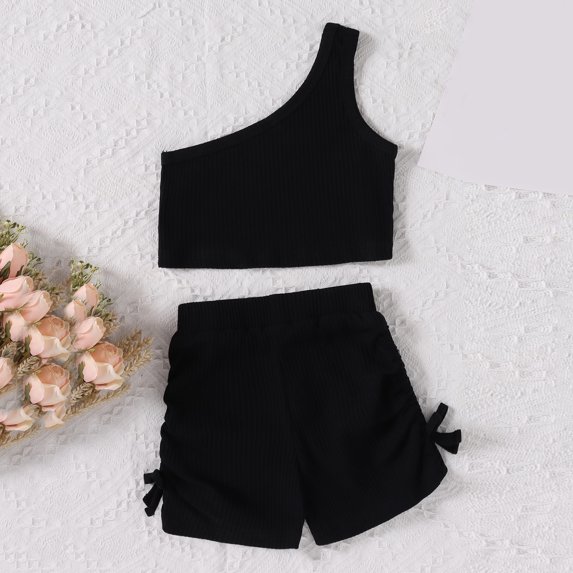 Vedolay Two Piece Sets For Girl Girl's 2 Piece Outfits Plaid Ruffle Trim Cap Sleeve Wrap Top and Shorts Set,Black 3-4 Years