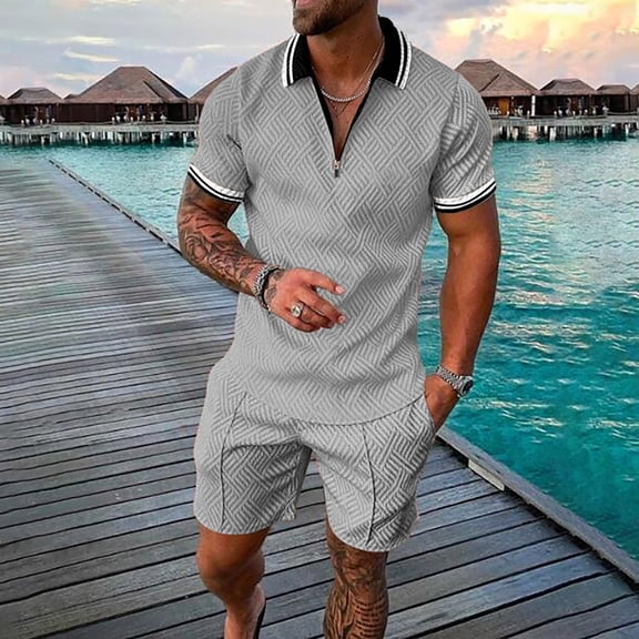 Vedolay Two Piece Short Outfit Men's Polo Shirt and Shorts Set, Men's Short Sleeve Polo Shirt Shorts Summer 2 Piece Outfits,Gray S
