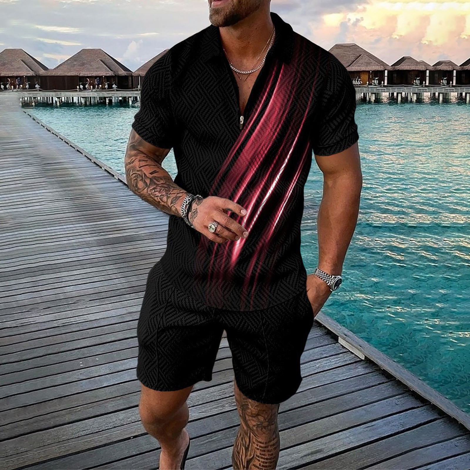 Vedolay Two Piece Short Outfit Men s Summer 2 Piece Outfits Printed Shirts and Sports Shorts Sets Red 4XL Walmart
