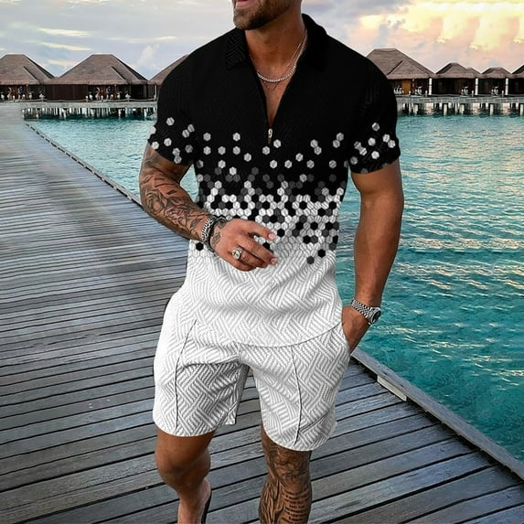 Vedolay Two Piece Short Set Men's Print Color Short Sleeve Zip Shirt Shorts Set Summer Casual Streetwear Suits,Black 5XL