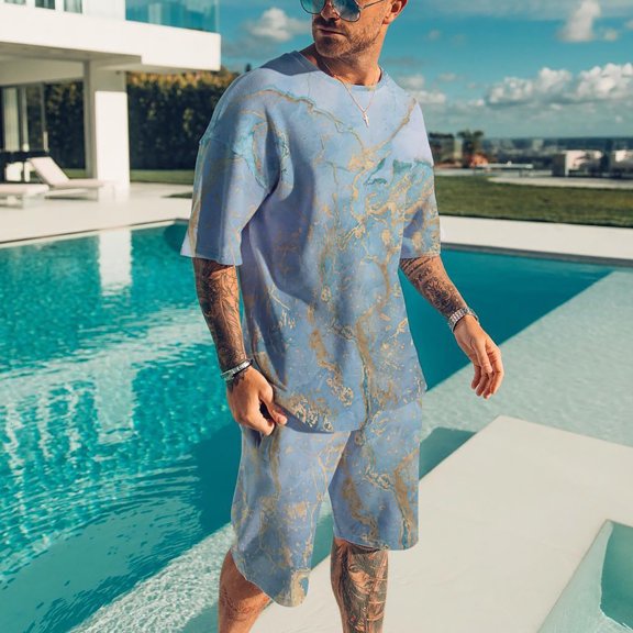 Vedolay Two Piece Short Set Men's Short Outfits 2 Piece Summer Short Sleeve Shirt and Shorts Set,Sky Blue 5XL