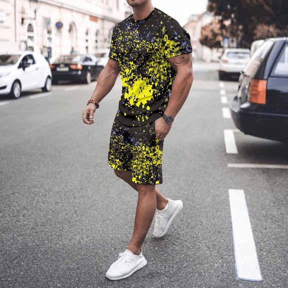 Vedolay Two Piece Short Sets Men's 2 Piece Casual Outfits Printed Short Sleeve Zipper Polos Suits,Black 3XL