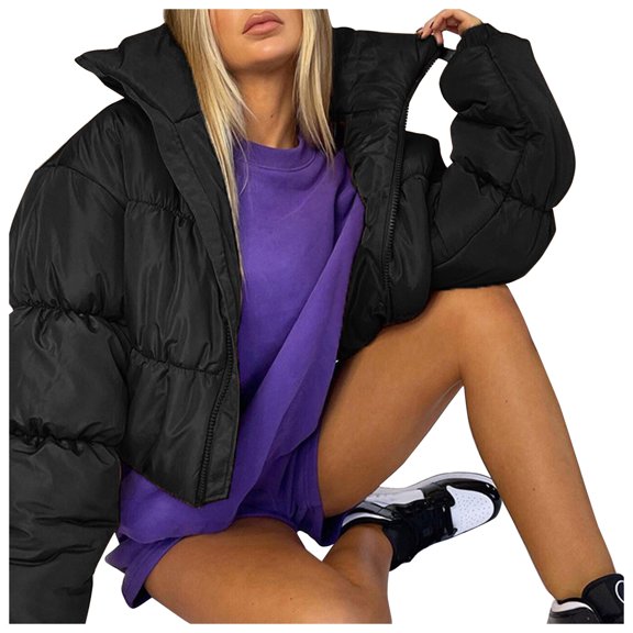 Vedolay Warm Winter Coats Solid Jacket Outdoor Hooded Windproof Loose Winter Coats Black,S