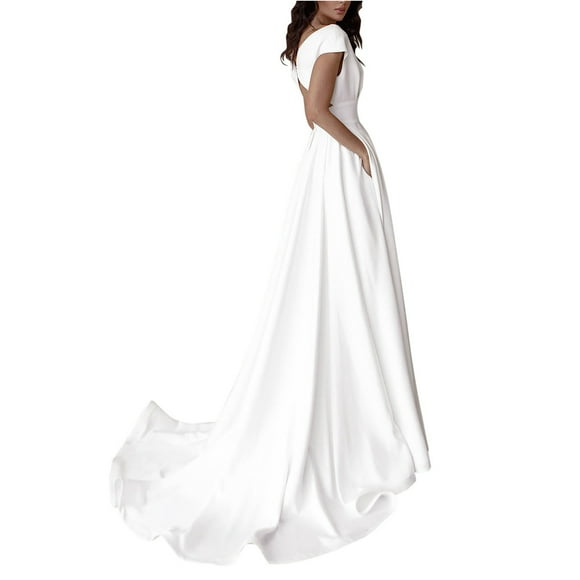Vedolay Wedding Dresses for Bride 2024 Beach Satin Off Shoulder Strapless Corset Back Boho Bridal Dress for Bride with Train (White,XL)