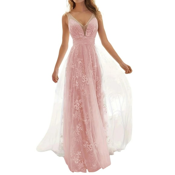 Vedolay Wedding Dresses for Bride Lace Appliques Backless Summer Beach Bridal Gowns with Train 2024 (Pink,L)