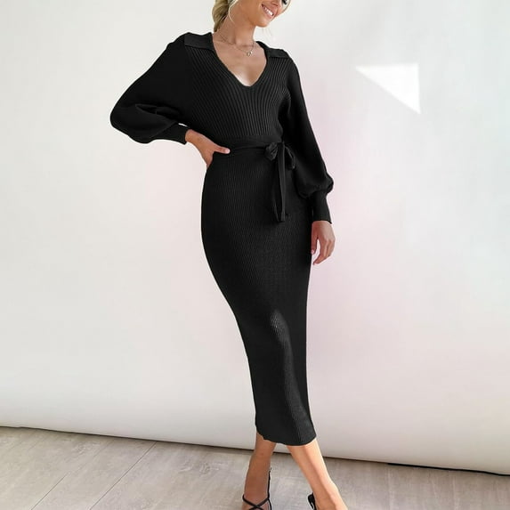 Vedolay Women Dresses Womens 2023 Fall Casual Crew Neck Long Lantern Sleeve Oversized Pullover Sweater Dress,Black XL