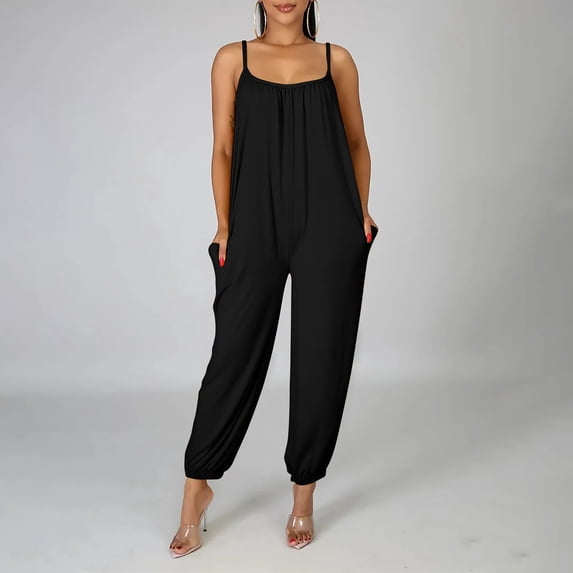 Vedolay Women Jumpsuits Casual Women's Causal Tank Jumpsuits Sleeveless Drawstring Elastic Waist Loose Summer Romper,Black S
