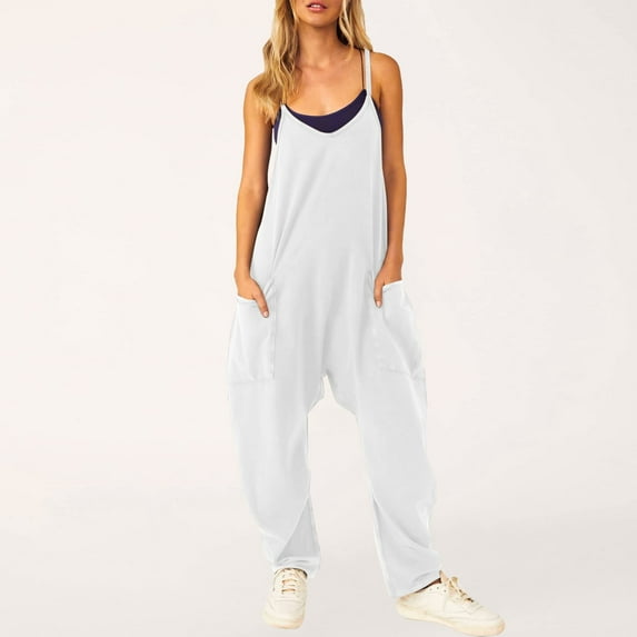 Vedolay Women Jumpsuits Casual Women's Summer Spaghetti Straps V Neck Cutout Smocked High Waist Wide leg Jumpsuits Rompers,White M