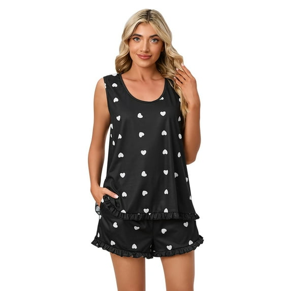 Vedolay Women Pajamas Pajamas Set Women Satin Sleepwear 2 Piece PJs Casual Top and Shorts Set,Black L