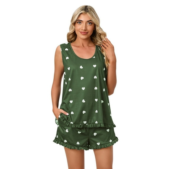 Vedolay Women Pajamas Womens Summer Pajama Sets Ruffle Sleeve Sleepwear Ladies Nightwear Pjs with Pockets,Green L