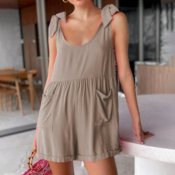 Vedolay Women Solid Color Rompers Crew Neck Sleeveless Summer Short Jumpsuits,Khaki M