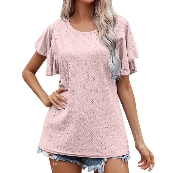 Vedolay Women Tops Womens Tops Ruffle Sleeve V Neck Casual T Shirts Summer Fashion 2023,Pink L