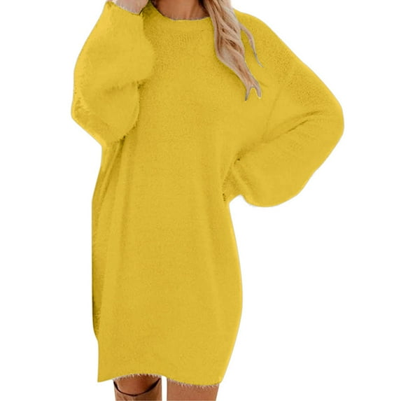 Vedolay Women's 2023 Dresses Womens Casual Fall Long Sleeve Loose Solid Color Ribbed Sweater Dresses,Yellow XXL
